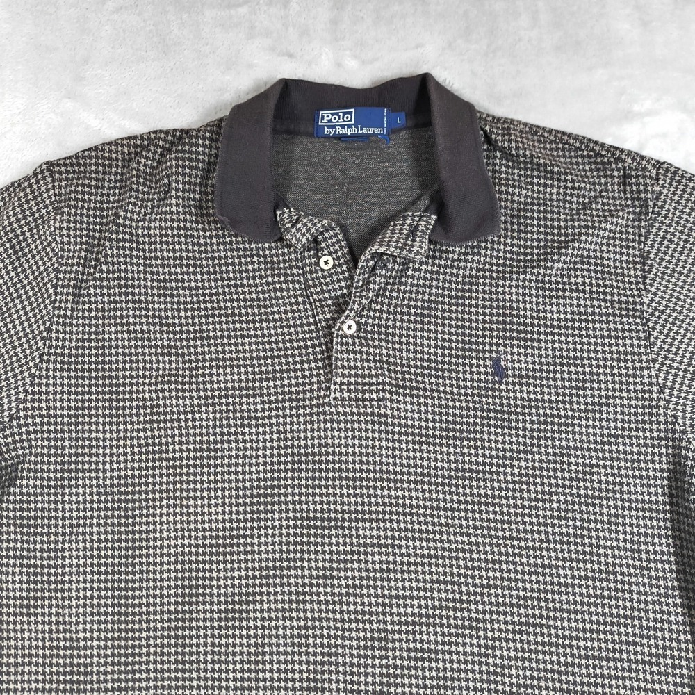 Vintage Polo Ralph Lauren Polo Shirt Men Large Gray Black Micro Houndstooth Golf